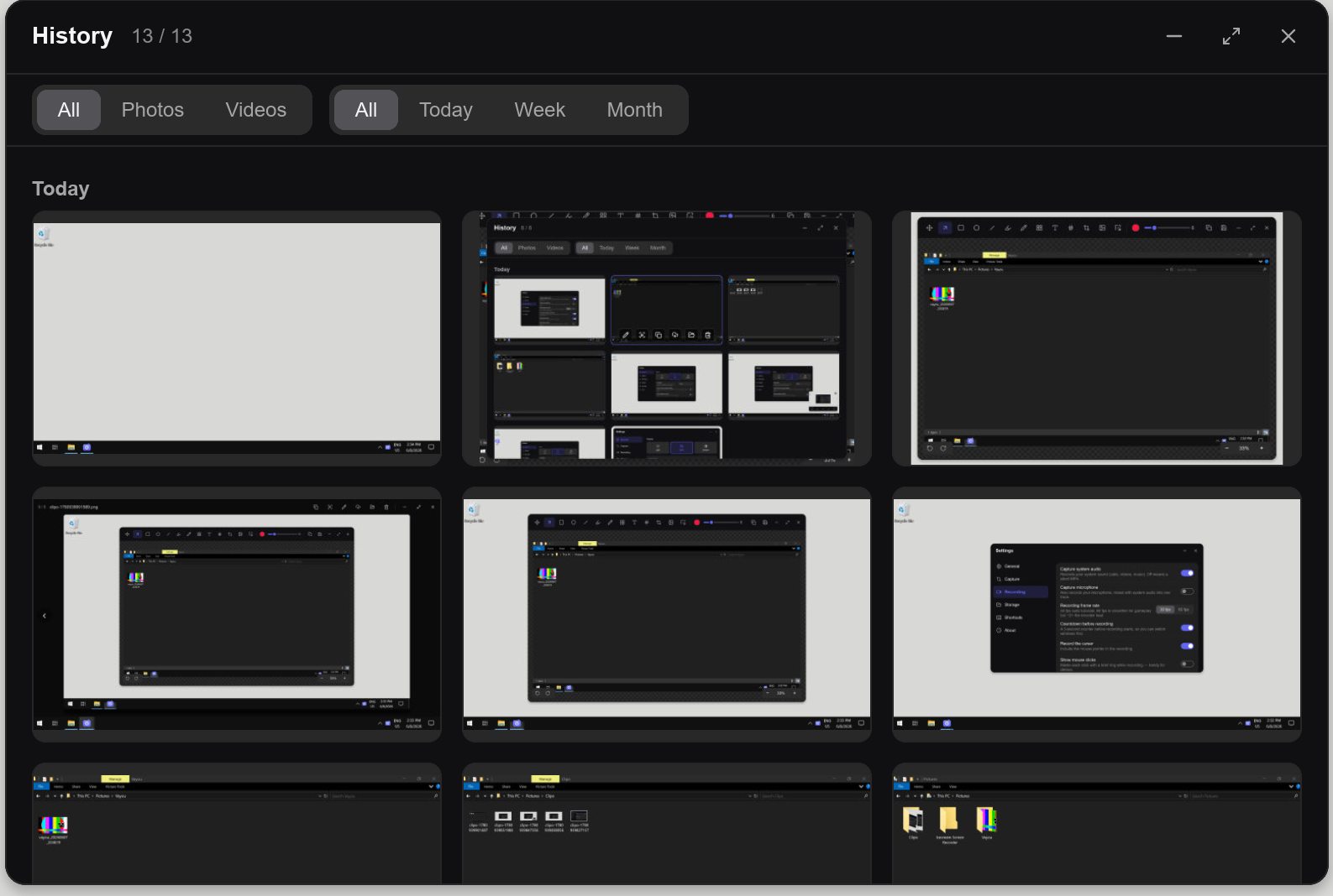 The Clipo history grid of captures