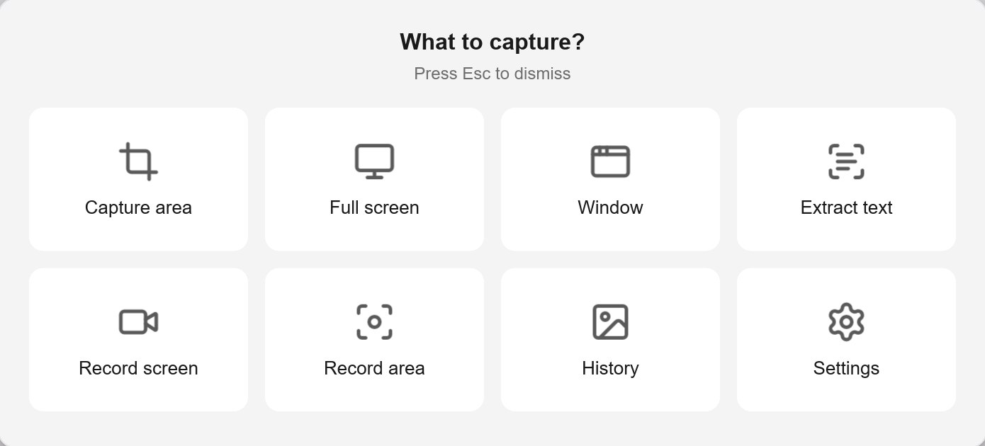 The Clipo menu: capture area, full screen, window, text, record and history